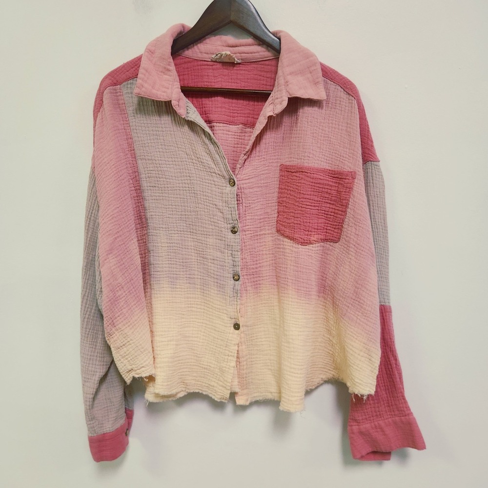 Oli & Hali Womens Gauzy Oversized Button Top Size M Pink Ombre Cotton Raw Hem